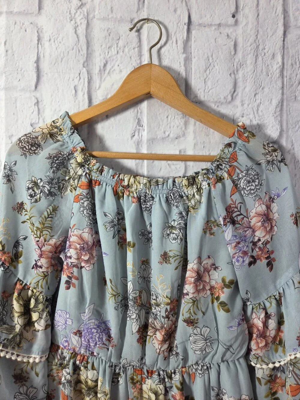 Bailey Blue Small Blue Floral Bell Sleeve Off the Shoulder Babydoll Mini Dress
